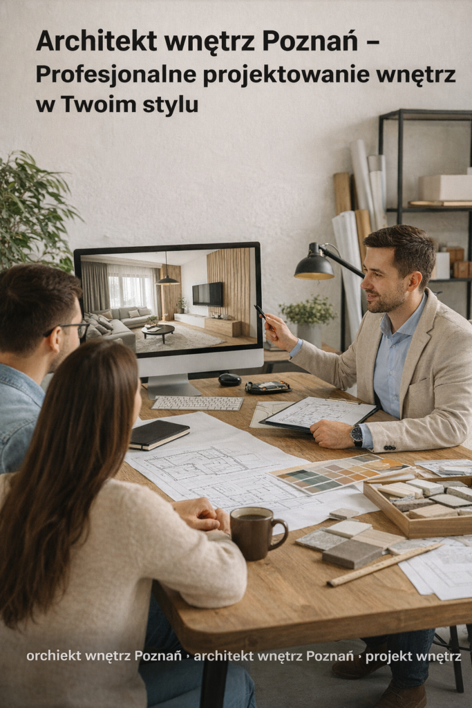 Architekt wnętrz podczas pracy nad projektem wnętrza mieszkania w Poznaniu, omawia koncepcję aranżacji z klientami w nowoczesnym wnętrzu.