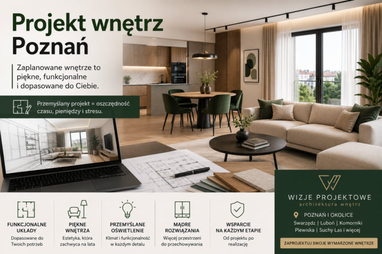 Nowoczesny projekt wnętrza mieszkania w Poznaniu przedstawiający salon połączony z kuchnią oraz stanowisko pracy architekta wnętrz z wizualizacją projektu.