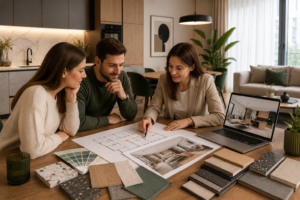Architekt wnętrz podczas konsultacji projektu mieszkania z klientami w nowoczesnym wnętrzu w Poznaniu.